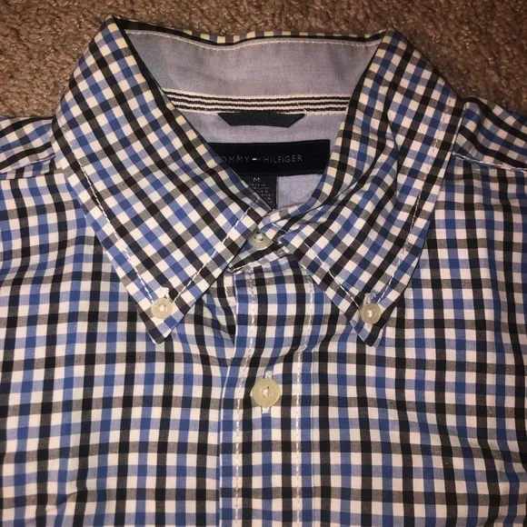 🤑SOLD🤑Tommy Hilfiger Mens Size Medium Button Down Black Blue Work Dress Shirt - Picture 4 of 15